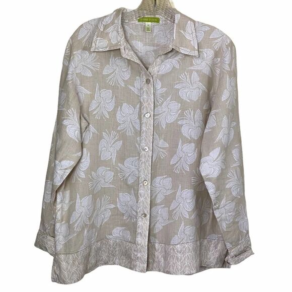 Sigrid Olsen Linen Beige Floral Graphic Shirt M - Picture 1 of 8